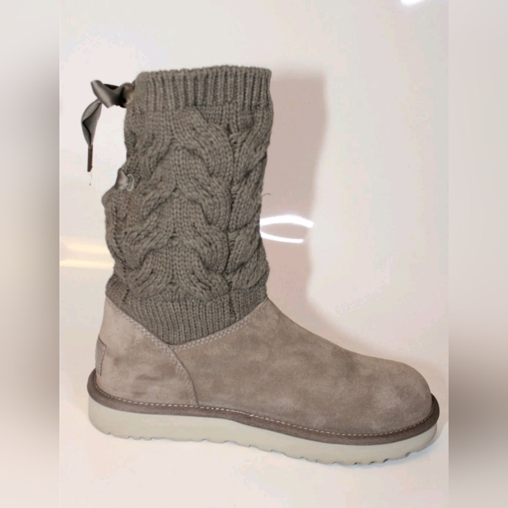 UGG Kiandra Willow Ribbon Bow Gray Knit Sweater Fabric Suede Shearling Boots 10 - Picture 9 of 16